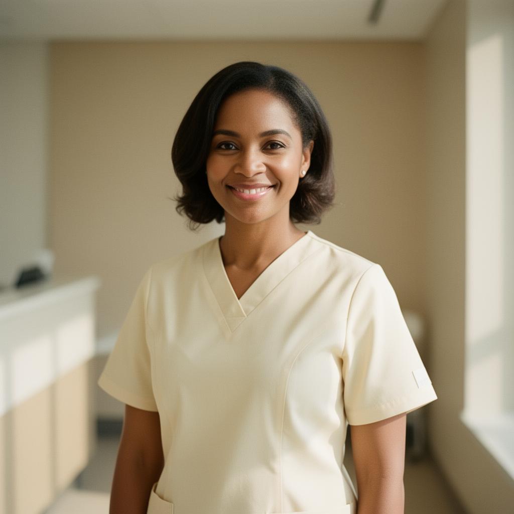 Smiling women's health nurse practitioner in cream scrubs
